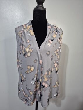 Calvin Klein Sleeveless Blouse Gray Abstract Watercolor Print V-Neck Size Large